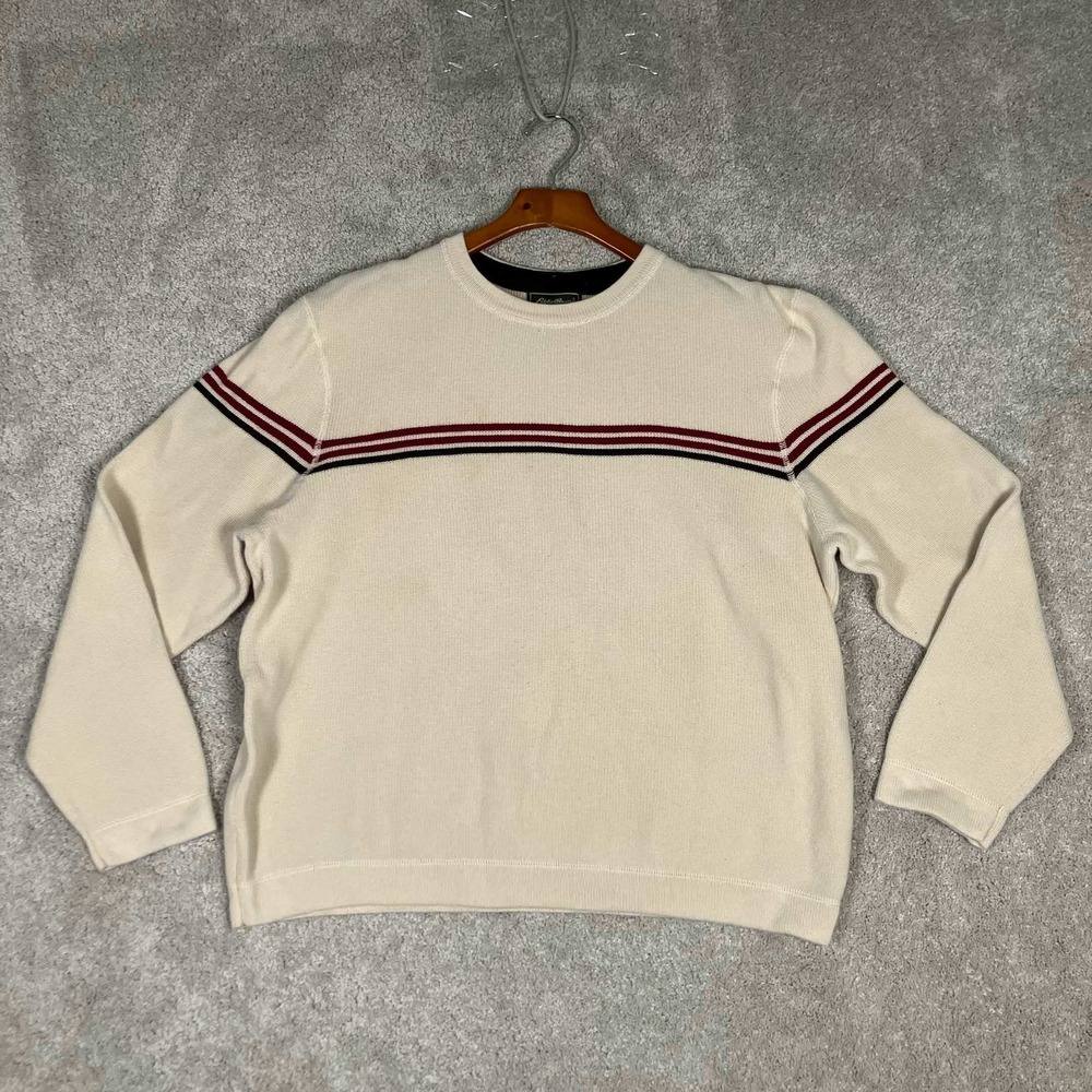 Vintage Eddie Bauer Mens Cream Cotton Crewneck Sweater Stripe Chest Large Retro